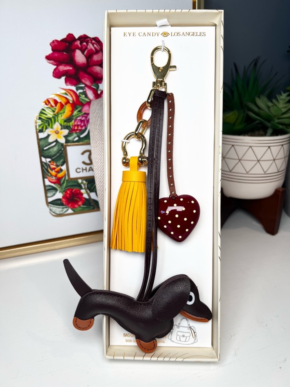 Eye Candy Dachshund Dog, Yellow Tassel, Heart Charm Keychain Bag Charm